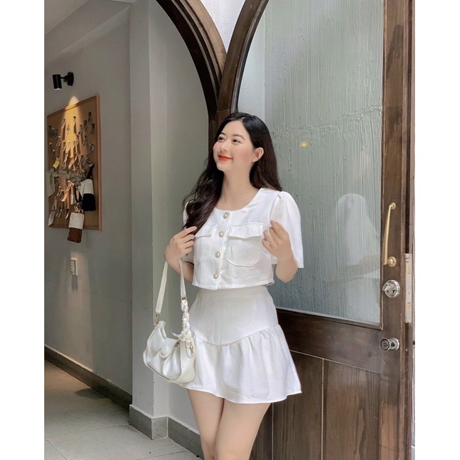 Sét Dạ Ngắn Trắng Váy Chun Xoè JARI-CLOTHES Đuôi Cá Tay Lửng Dễ Thương Phong Cách Hàn Quốc