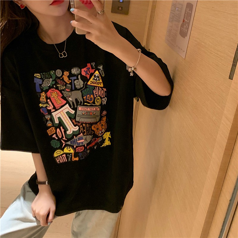Áo thun in họa tiết tay lỡ form rộng - Ulzzang mặc cặp, nhóm, lớp AE88