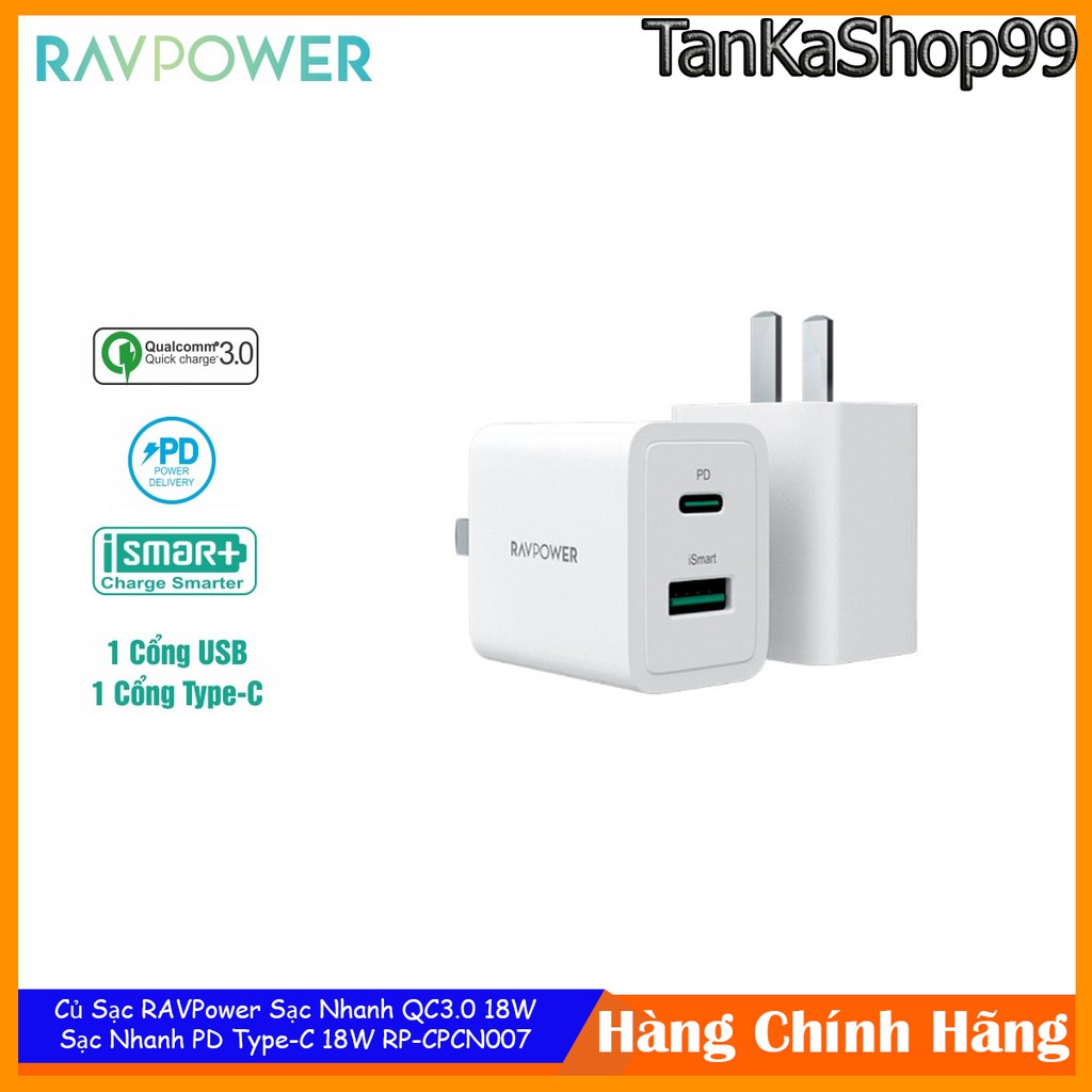 Củ Sạc RAVPower Sạc Nhanh PD Type-C 18W , QC 3.0 18W