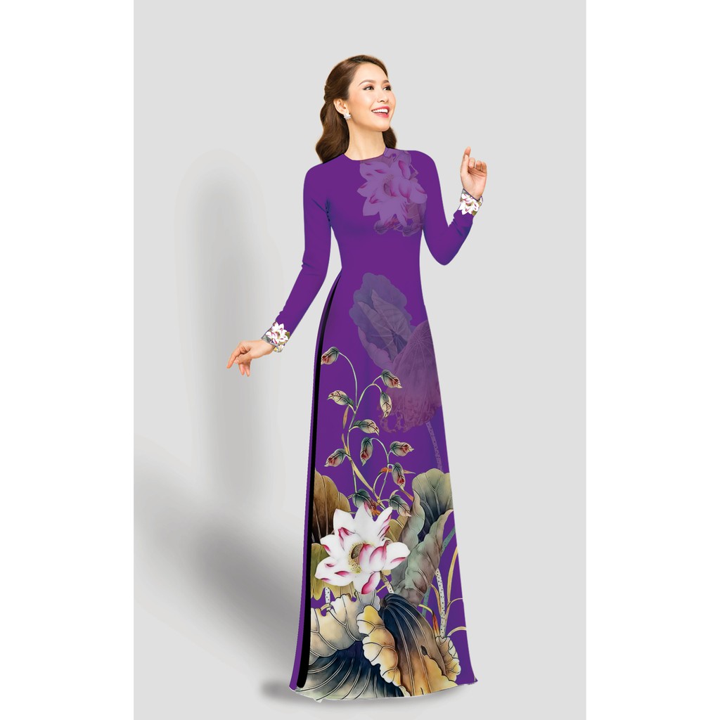 ÁO DÀI TRUYỀN THỐNG IN SEN TRẮNG CAO CẤP - KHÔNG KÈM QUẦN