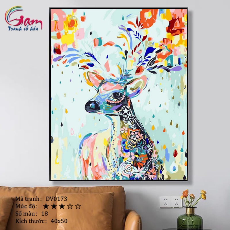 Tranh tô màu số hóa Gam hươu nai tuần lộc có sẵn đã căng khung 40x50cm DV0173