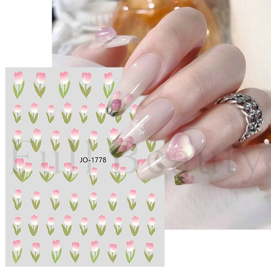 Nhãn Dán Trang Trí Móng Tay Tự Dính Họa Tiết Hoa Tulip/Hoa Hồng/Bướm 3D Xinh Xắn DIY