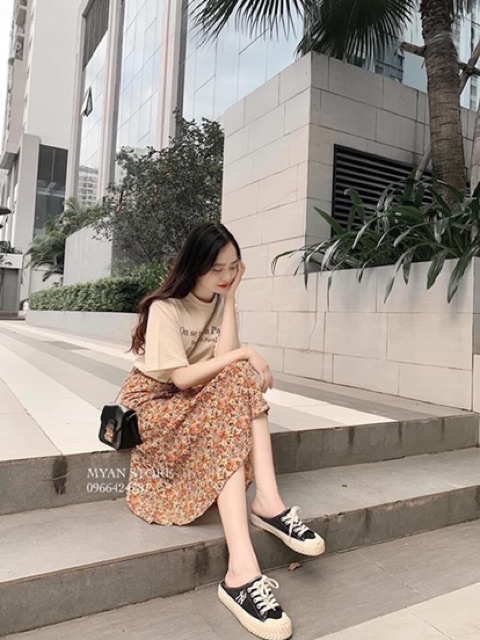 Chân váy dài hoa nhí, chân váy hoa cúc vải voan mặc nhẹ siêu mát | BigBuy360 - bigbuy360.vn