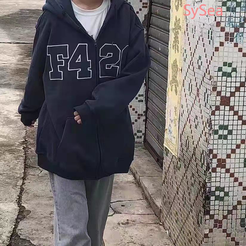 Áo khoác nhung dáng rộng phối khóa kéo cá tính trẻ trung kiểu hàn quốc