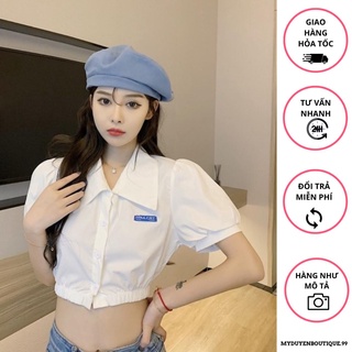Áo sơ mi croptop tay phồng sơ mi thêu logo dễ thương