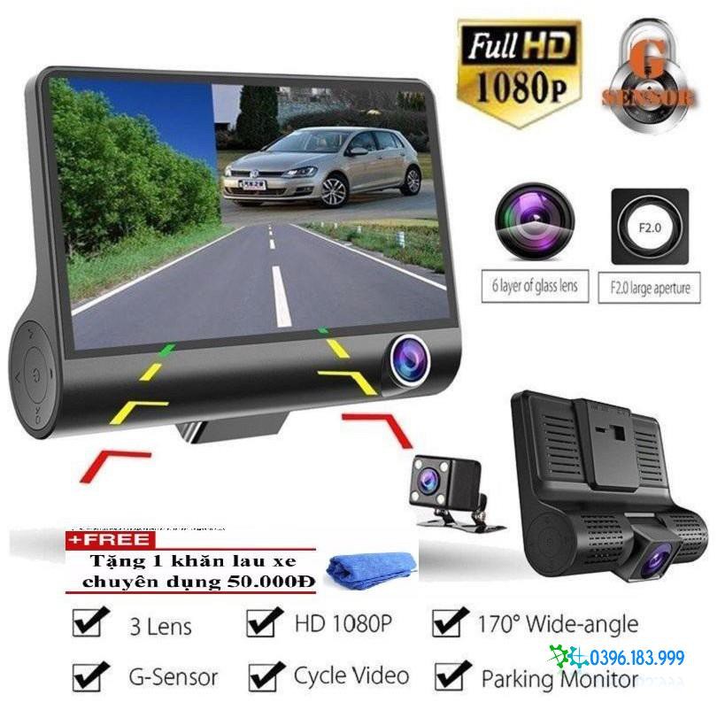 Camera Hành Trình 3in1 hàng tiêu chuẩn Quan Sát mọi góc nhìn, Màn Hình 4 Inch Full HD 1080 TẶNG KHĂN LAU XE CAO CẤP