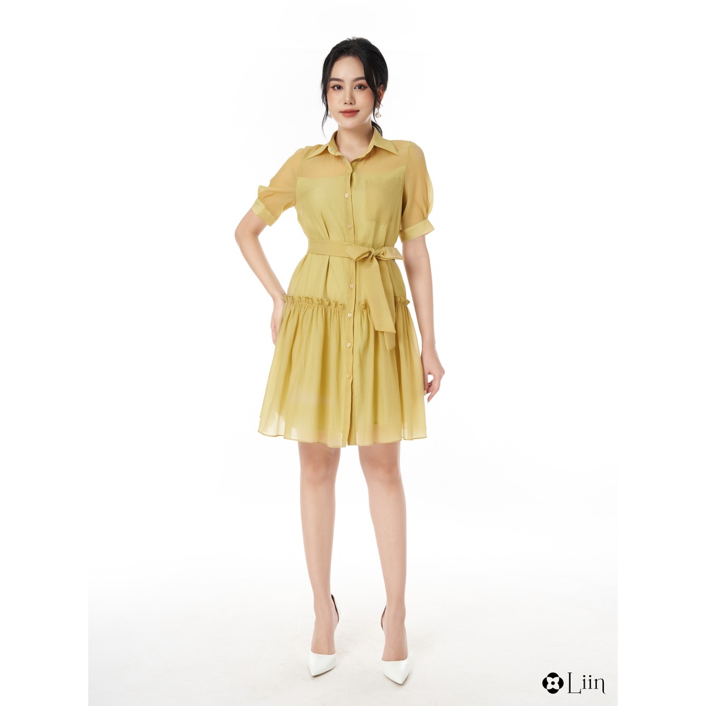 Đầm sơ mi nữ linbi chất vải tơ cao cấp hàng thiết kế trẻ trung mix kèm nơ eo mặc tôn dáng liin clothing D6571