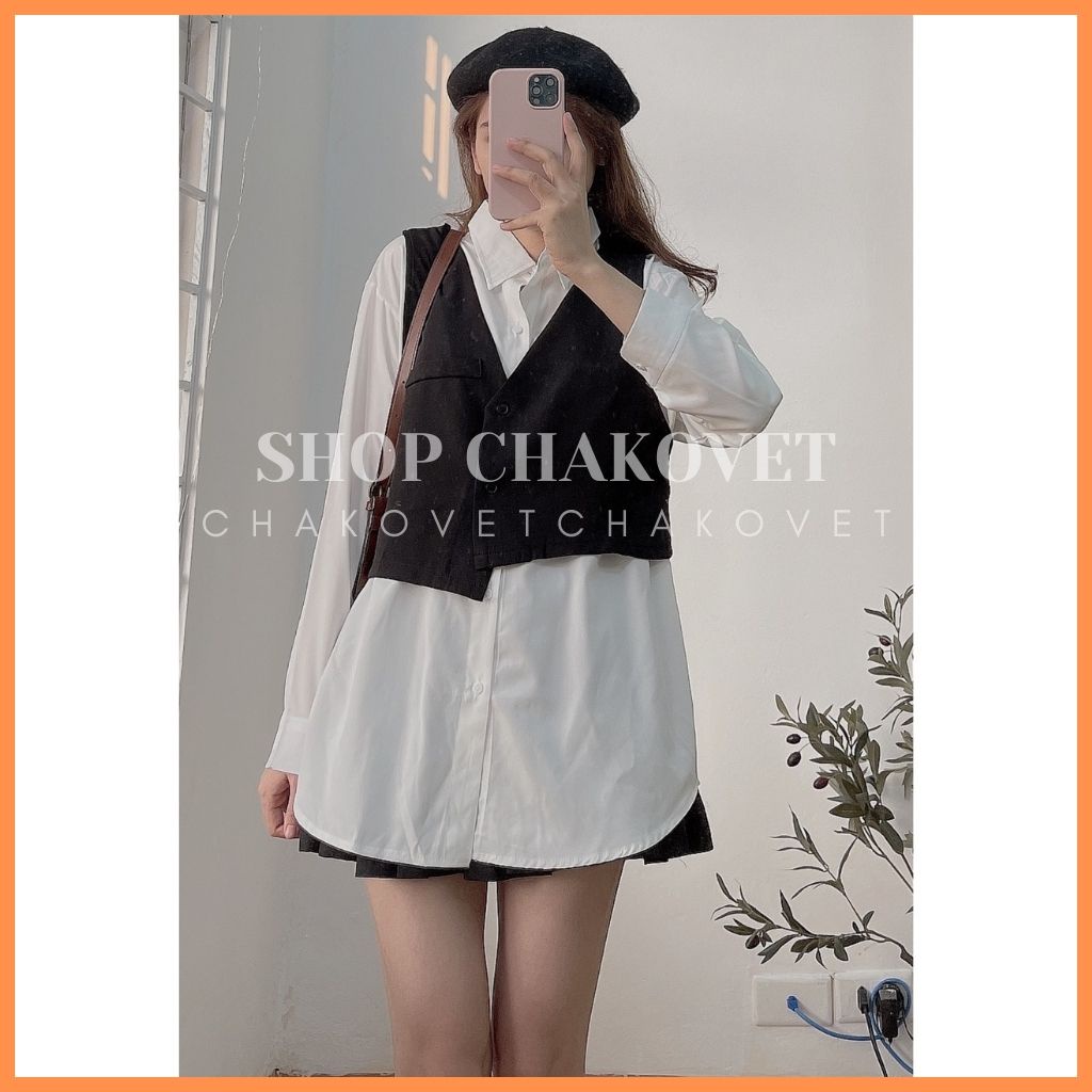 Set áo váy và gile dáng ngắn vạt lệch SA890, kiểu áo sơ mi nữ trắng dài tay form rộng mix áo Gile thời trang hàn quốc