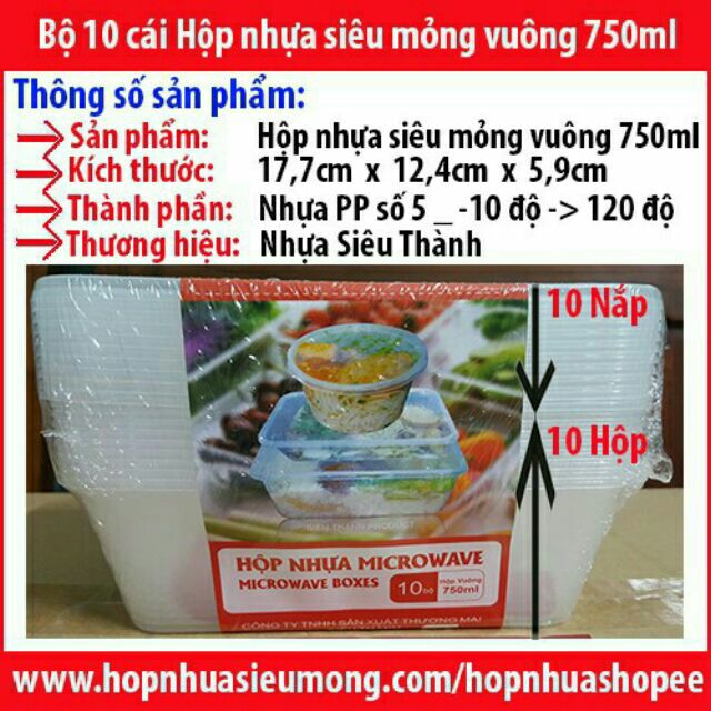 Bộ 10 cái hộp + nắp hộp microwave vuông 750ml đựng Thực Phẩm / Thức Ăn / Kim Chi / Chân Gà