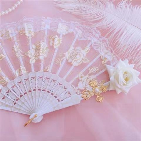 Quạt Ren Họa Tiết Hoa Hồng Phong Cách Lolita Châu Âu Cổ Điển
