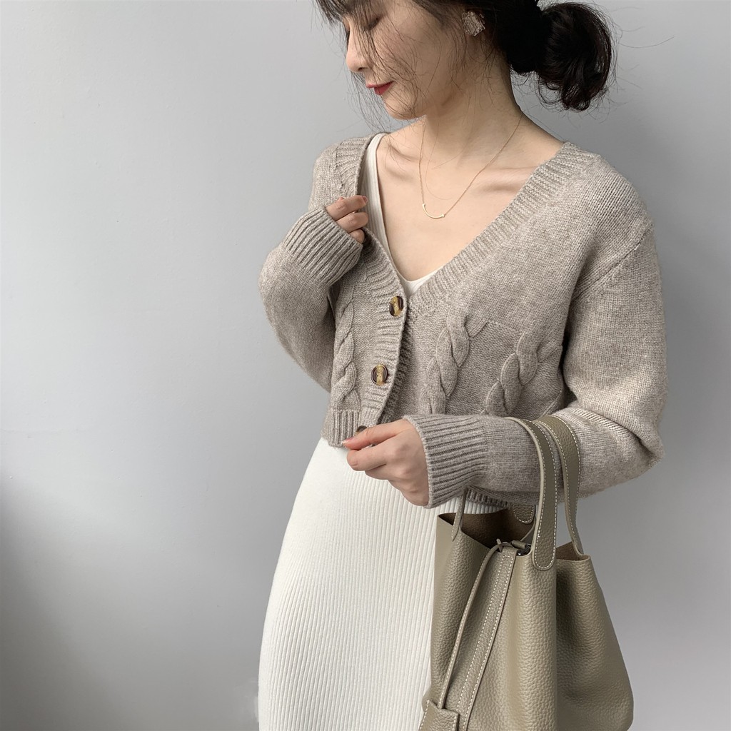 Áo Khoác Cardigan Dệt Kim Tay Dài Dáng Ngắn Thời Trang Cho Nữ