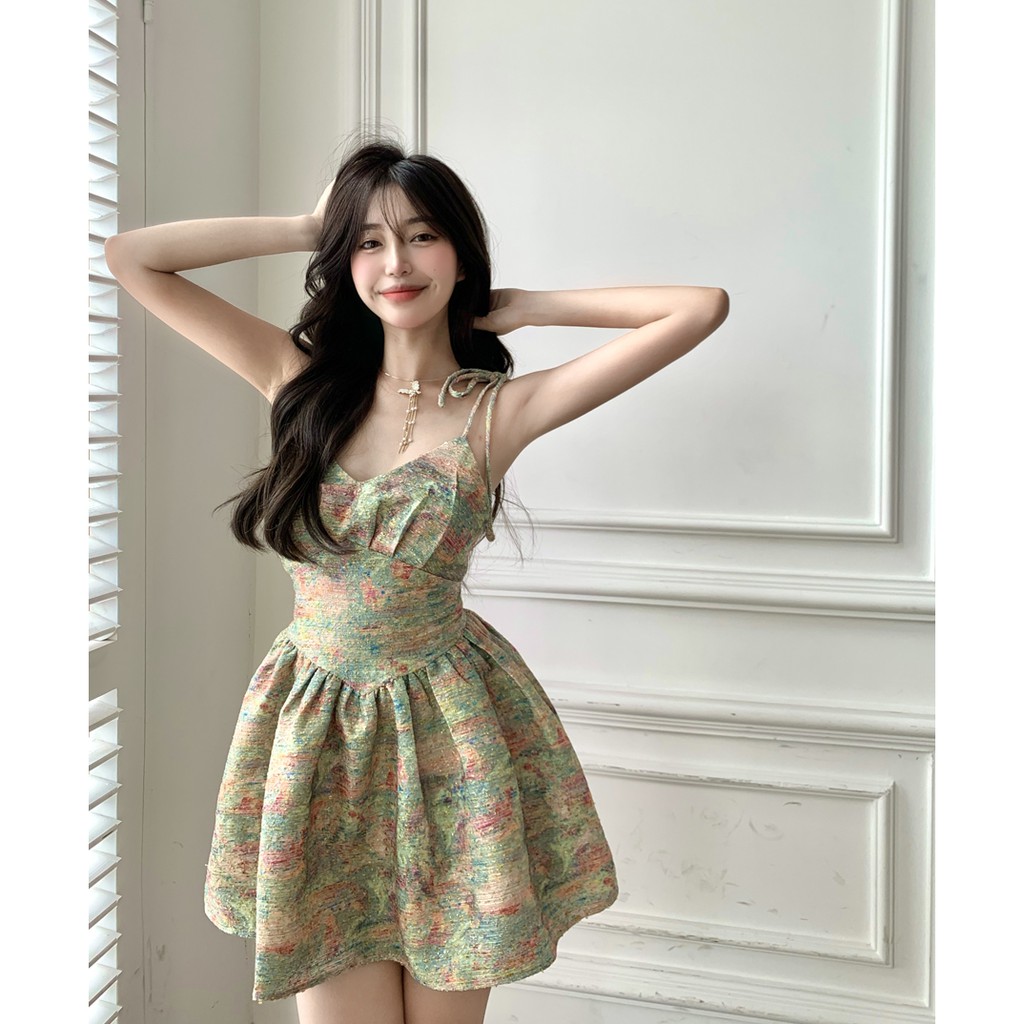 (ORDER) Váy hai dây hoa màu xanh tranh sơn dầu thon eo xòe bồng bềnh điệu đà gợi cảm retro kiểu Pháp