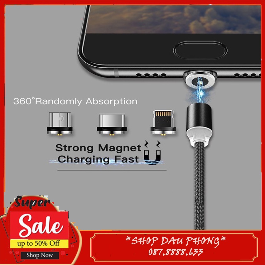 Bộ Cáp Sạc Dù Nam Châm 3 Đầu Hít Dành Cho ANDROI/IPHONE/TYPE C, Xoay 360 Độ, Có Đèn Led Cao Cấp
