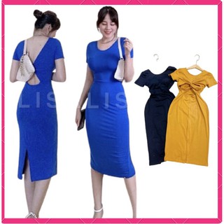 Đầm Midi Thun Nữ Khoét Hở Lưng Có Đệm Mút Ngực Ôm Body Tay Ngắn Xẻ Tà Dáng Dài Màu Đen , Vàng, Xám,Xanh