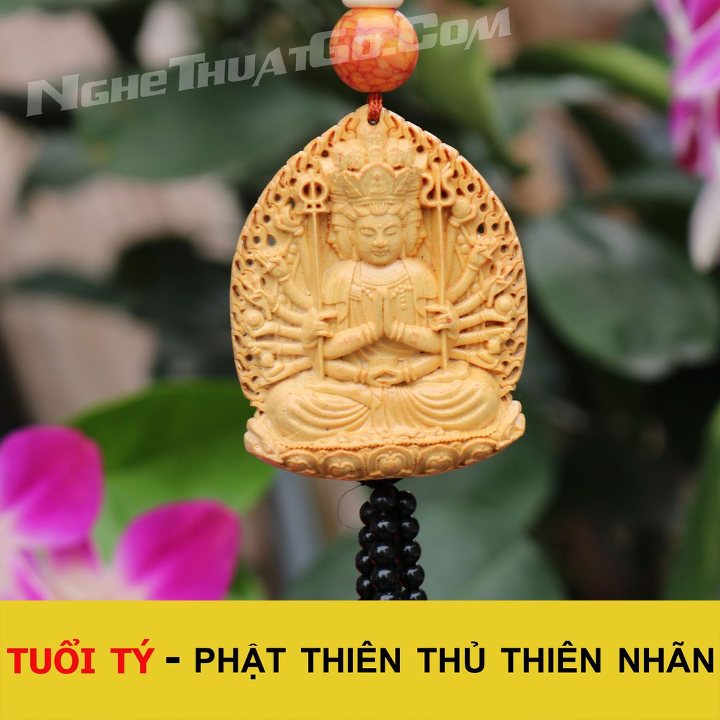 Dây treo xe ô tô tượng Phật Thiên Thủ Thiên Nhãn bằng gỗ Hoàng Dương - TẶNG 1 VÒNG ĐEO TAY