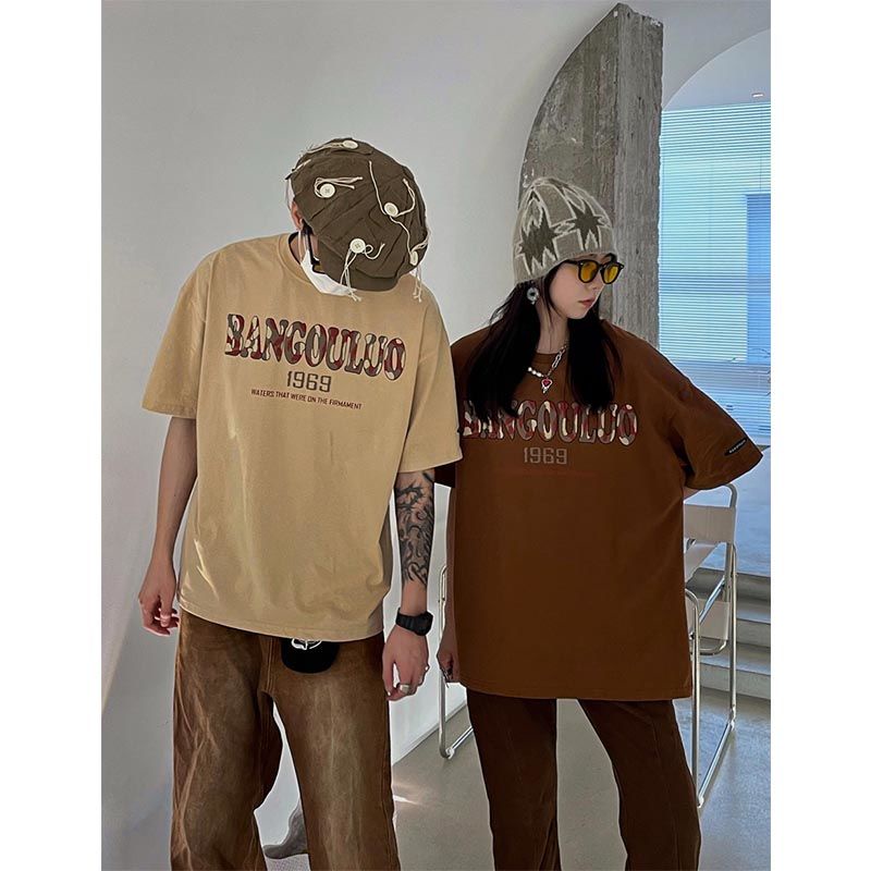 Áo Thun 100% cotton Tay Ngắn Dáng Rộng In Chữ Phong Cách Retro Mỹ Thời Trang Mùa Hè 2023