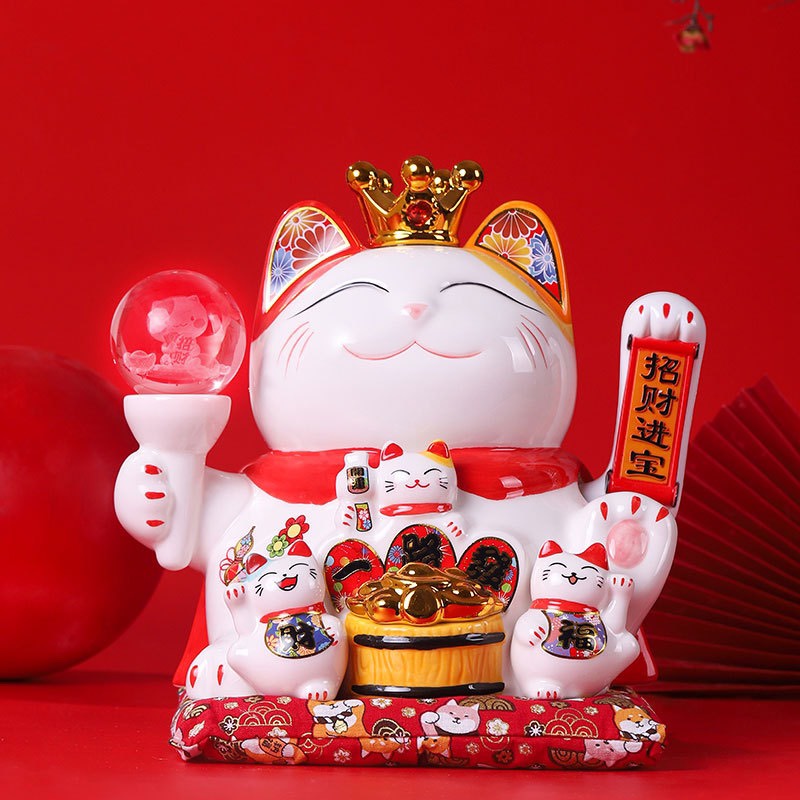 Mèo Thần Tài Vẫy Tay Mèo Đế Vương Phát Sáng Chiêu Tài Lộc May Mắn Bằng Gốm Sứ Cao Cấp