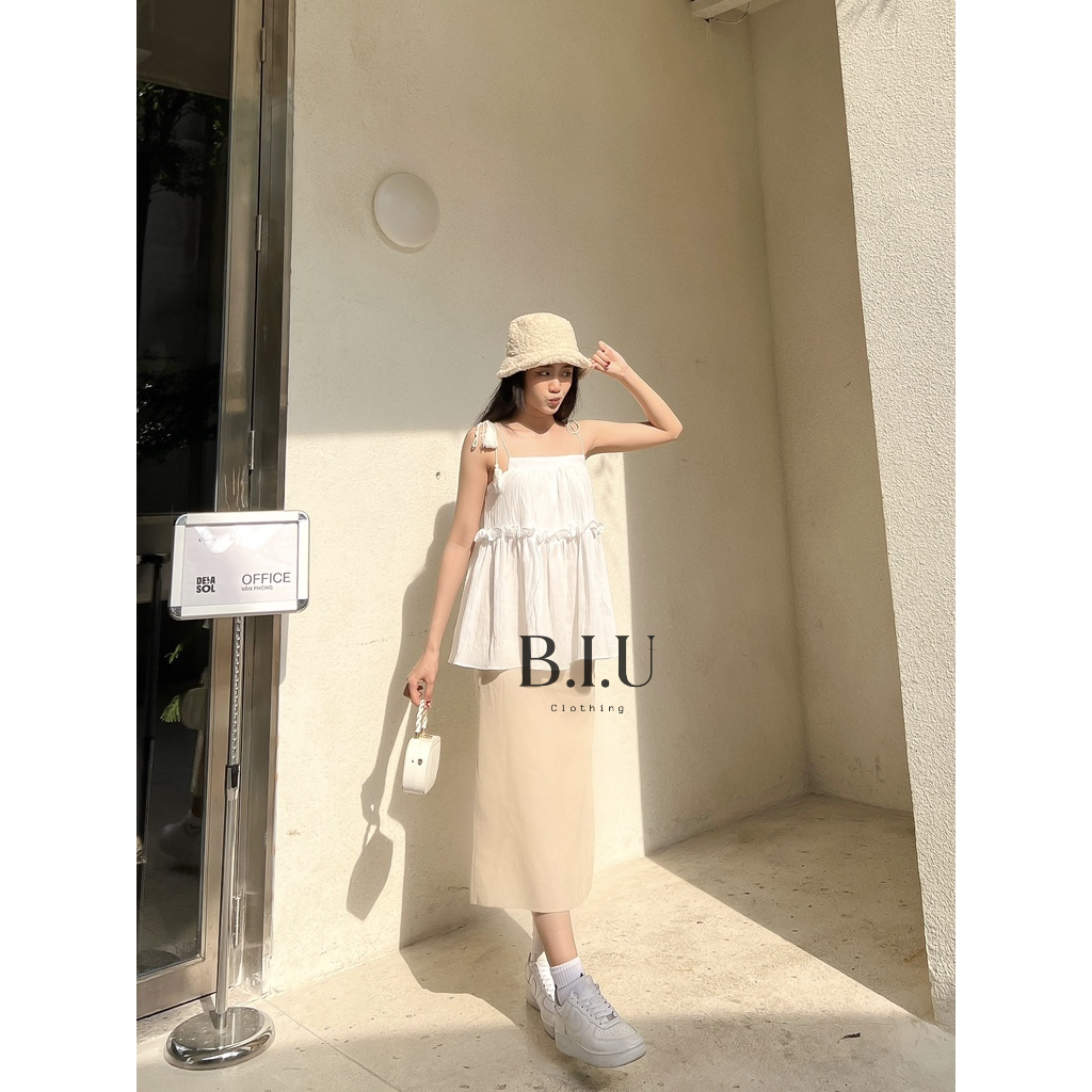 Set áo dây gân tơ chân váy suông dài chất line bánh bèo dễ thương BIU Clothing BB0022