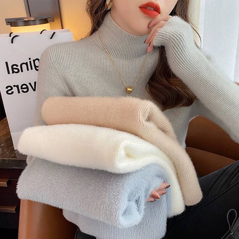 Hàng Có Sẵn Áo Sweater Dệt Kim Lót Lông Cừu Dày Cổ Cao Phong Cách Mới Mùa Thu Đông 2022 Dành Cho Bạn Nữ