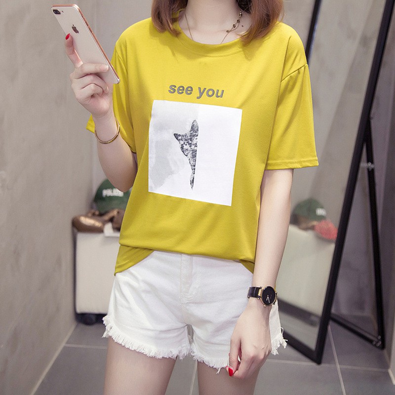 Áo Thun Kiểu Phông Thời Trang Cổ Tròn Tay Ngắn Mèo Con Mùa Dáng Hàn Quốc