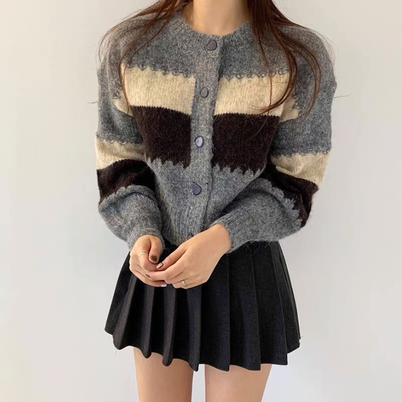 Áo Khoác Cardigan Dệt Kim Màu Sắc Tương Phản Phong Cách Retro Hàn Quốc