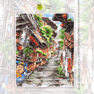 Tranh tô màu số hóa Madoca có khung 40x50cm ngõ đèn lồng T377