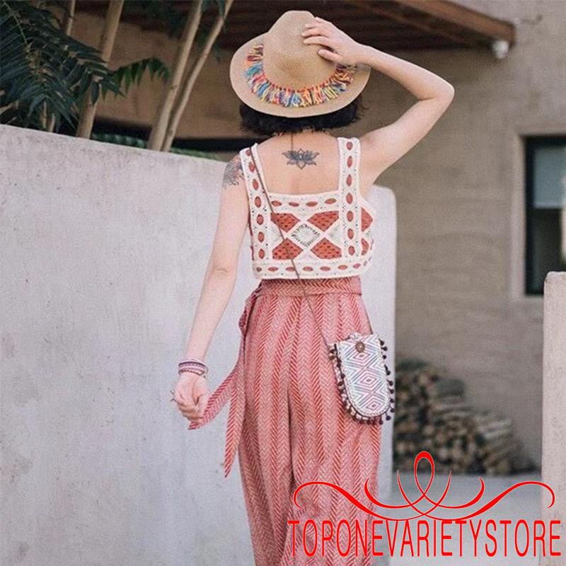 Áo Croptop Sát Nách Cổ Vuông Phong Cách Bohemian Quyến Rũ Dành Cho Nữ