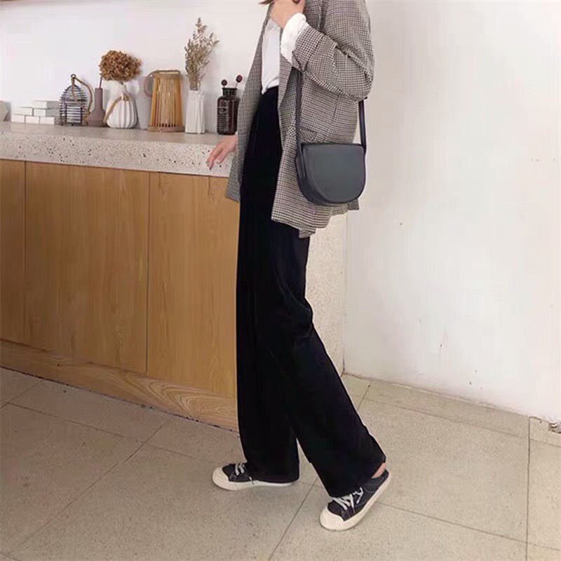 Quần nhung tăm ống rộng nữ lưng cao 3 màu đen hồng kem dài 100cm suông phong cách Hàn Quốc hot trend Kozoda Q0