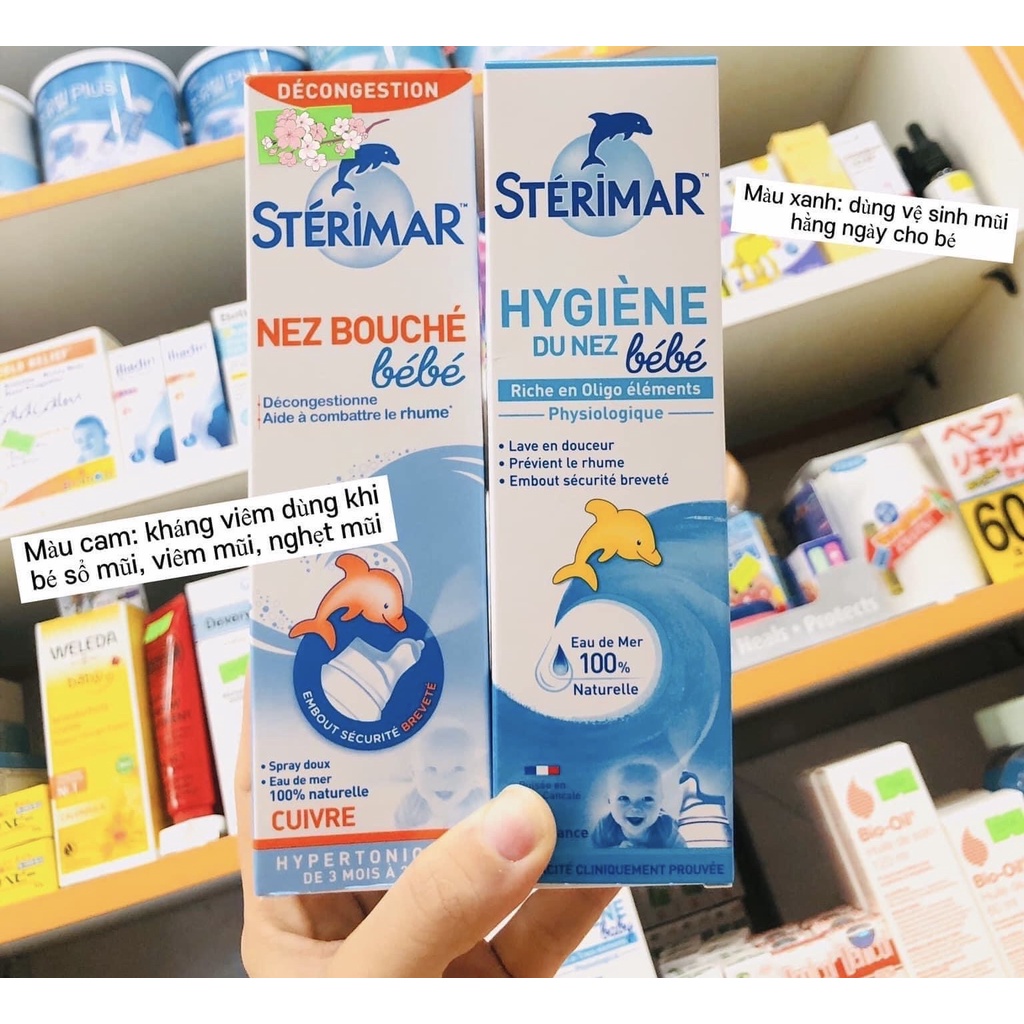 Xịt mũi nước muối biển. Xịt mũi cá heo Sterimar  - giúp làm sạch, hết nghẹt mũi cho trẻ sơ sinh