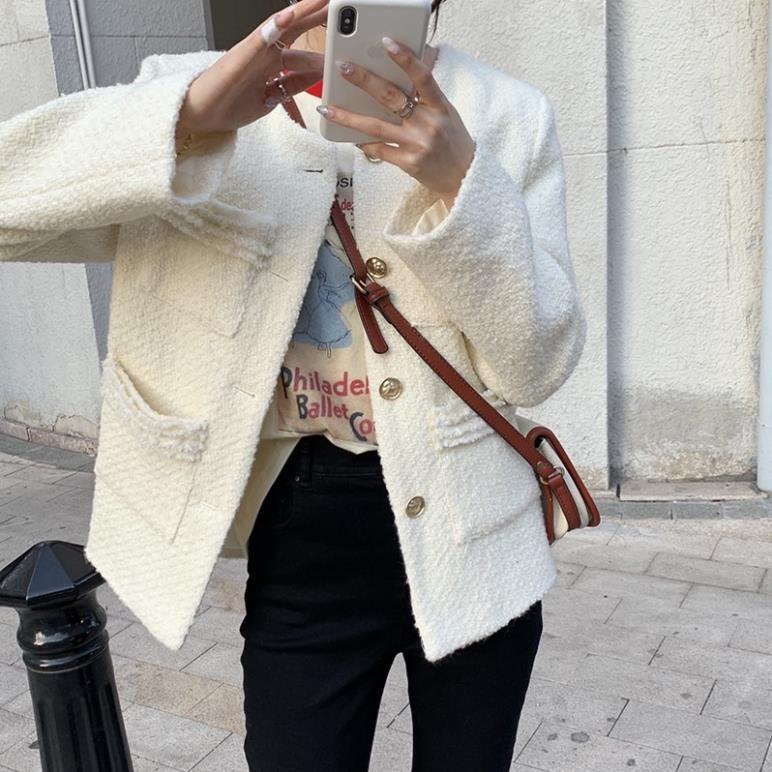 VNC Set áo khoác dạ tweed 4 túi trước, kèm chân váy dáng dài (có ảnh thật)