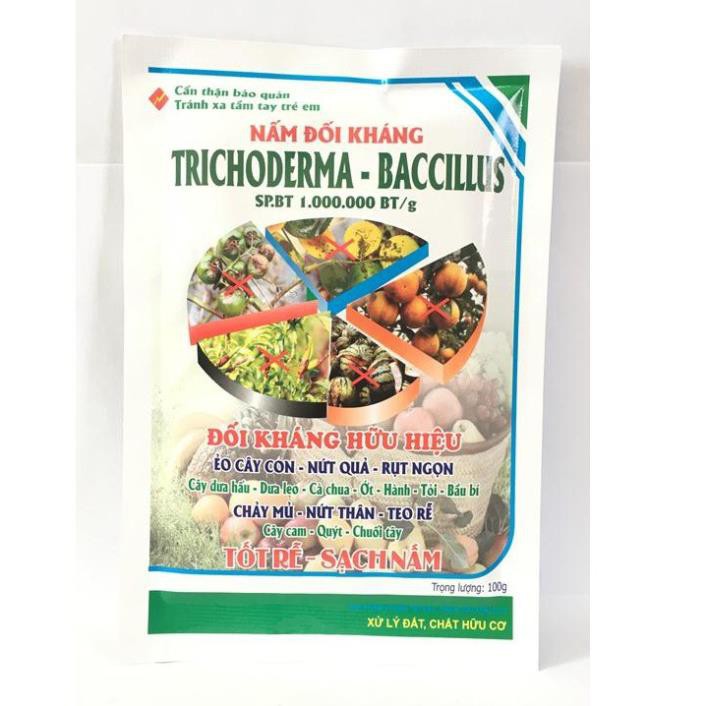 Phân hữu cơ vi sinh Trichoderma Bacilius gói 50g. Chuyên xử lý phế thải, chất hữu cơ và nấm đối kháng.