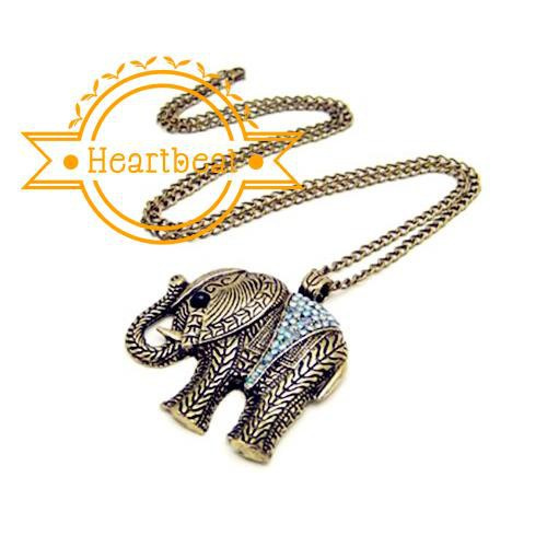 Vintage Retro Bronze Large Elephant CLear Crystal Long Necklace Animal