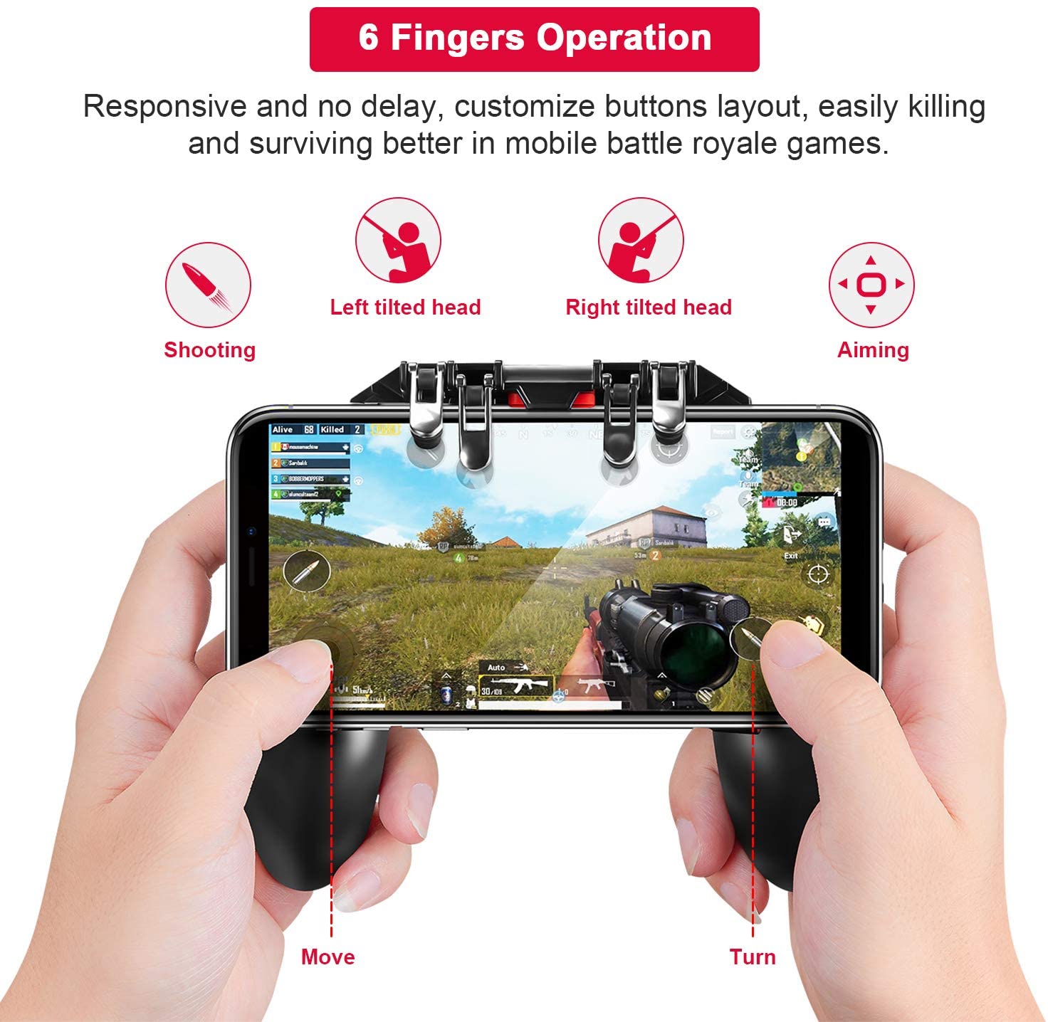 Bộ điều khiển trò chơi di động với Bộ kích hoạt L1R1 L2R2, Bộ điều khiển PUBG Mobile Thao tác 6 ngón tay, Phím mục tiêu chụp ảnh bằng cần điều khiển từ xa cho 4,7-6,5 "Phụ kiện trò chơi điện thoại di động iPhone Android iOS