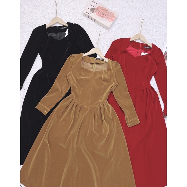 Váy nhung xếp li hông vintage lên dáng cực chuẩn màu đỏ đô