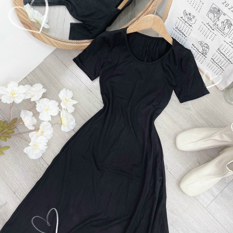 Đầm maxi cổ tròn tay ngắn xẻ tà dáng xoè, váy nữ dáng dài xuất xịn