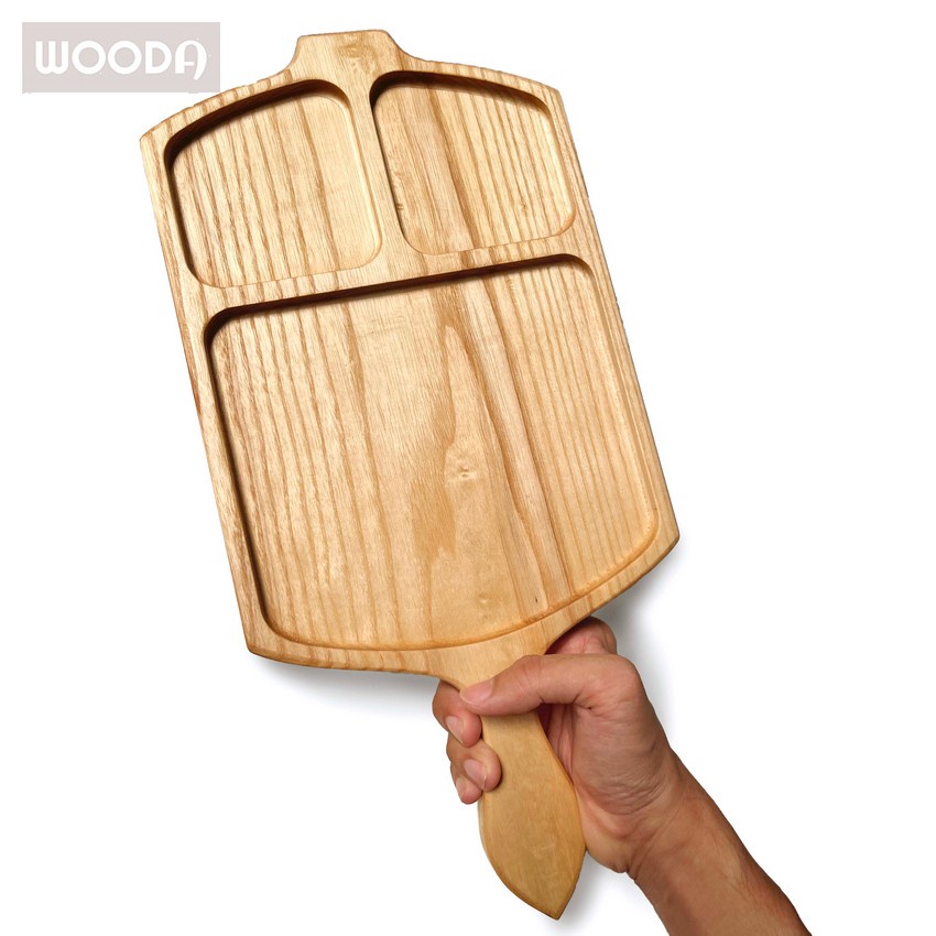 Khay gỗ có tay cầm chia ngăn, khay gỗ Ash tự nhiên chất lượng