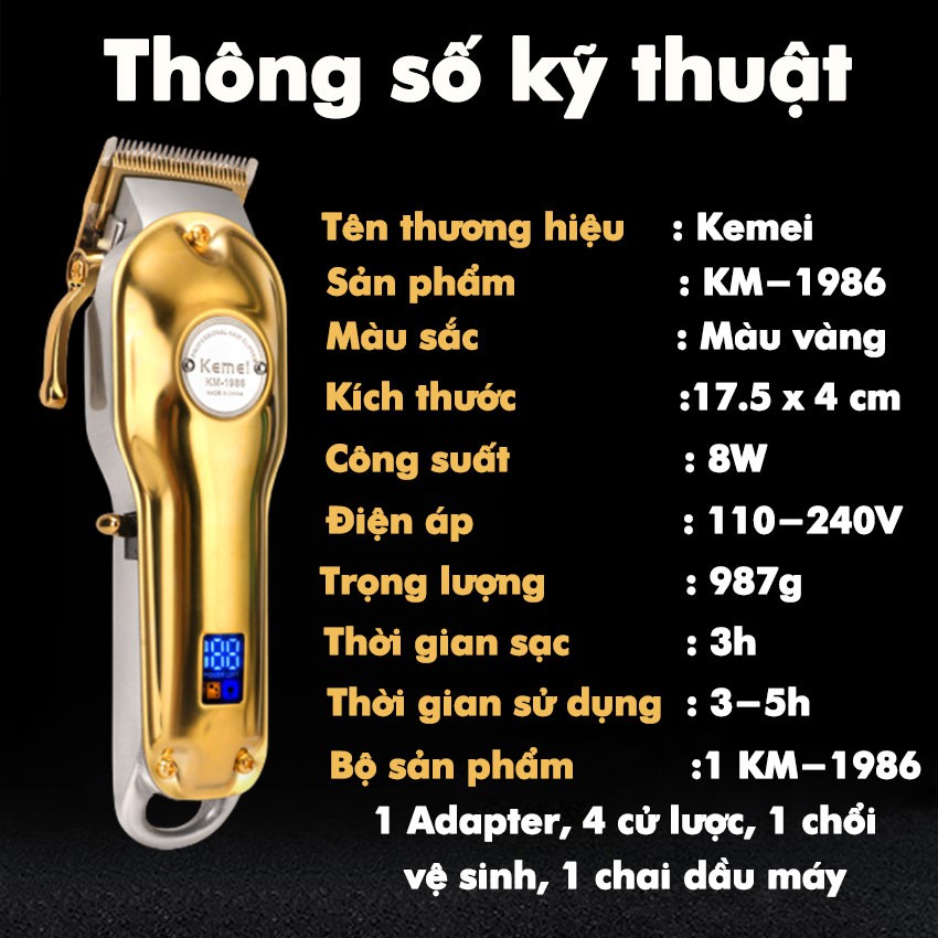 Tông đơ cắt tóc không dây chuyên nghiệp Kemei KM-1986 pin trâu màn hình hiển thị LCD dùng cắt tóc, cạo trắng tattoo,..