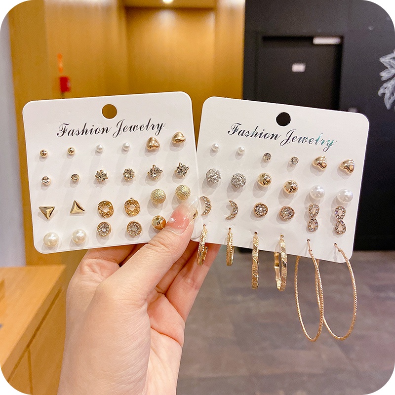 Set khuyên tai đính đá ngọc trai giả đơn giản thời trang