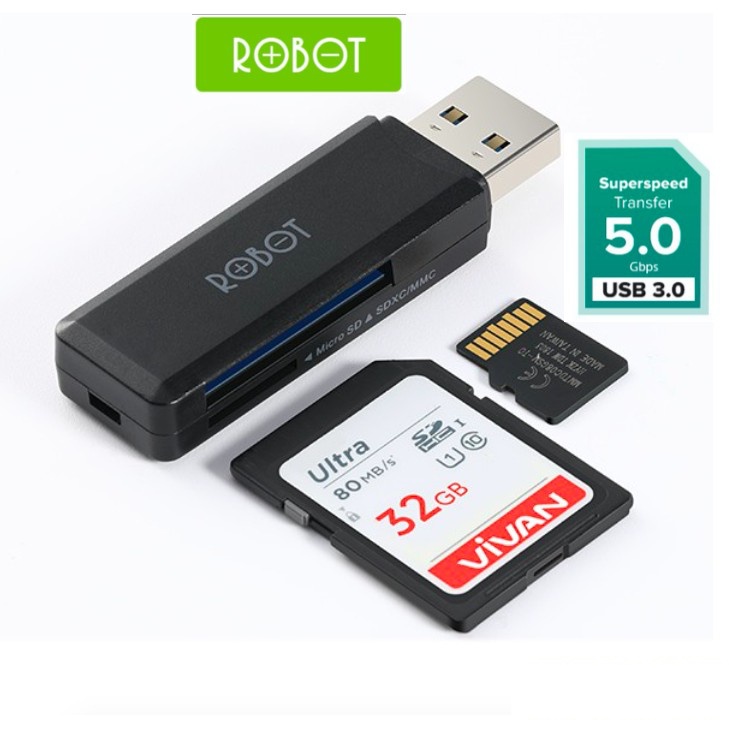 Dầu đọc thẻ nhớ USB ROBOT CR102 Chuẩn USB 3.0 Tốc độ truyền tải nhanh khe cắm thẻ nhớ SD/MicroSD - Hàng Chính Hãng