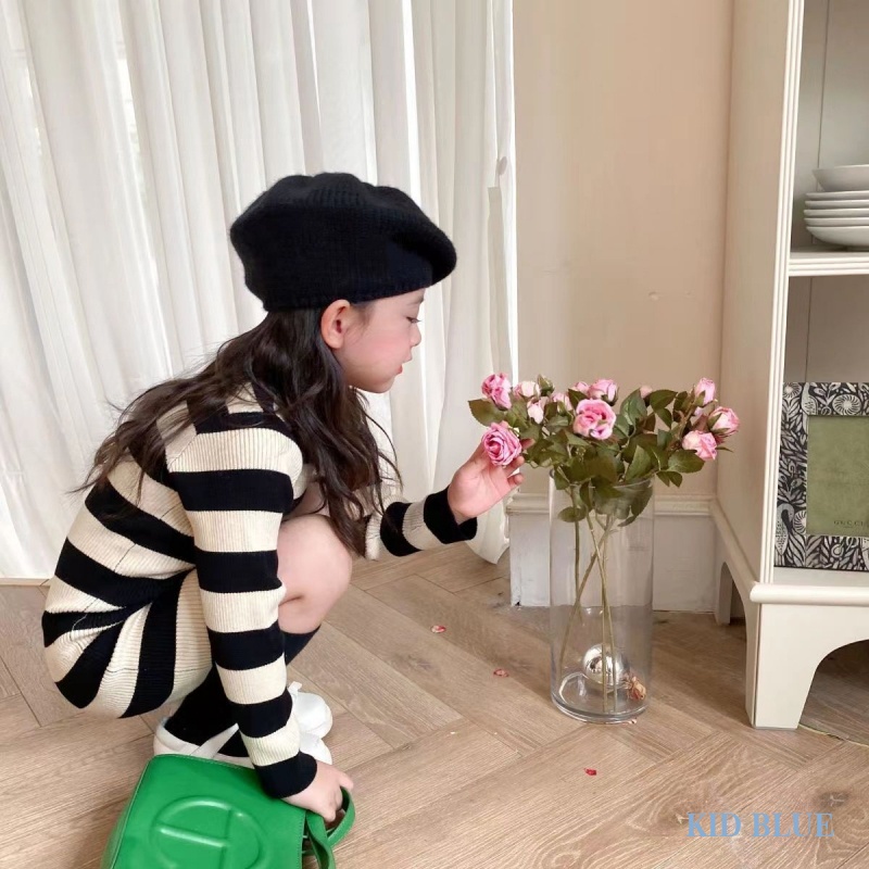 Đầm Dệt Kim Kẻ Sọc Trắng Đen Lưng Cao Co Giãn Tốt Thời Trang Cho Bé Gái
