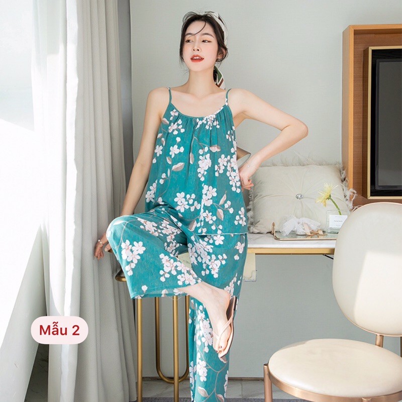 Bộ đồ mặc nhà lanh - cotton lụa Quảng Châu mặc nhà hoạ tiết trẻ trung, thời trang