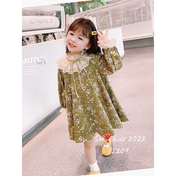 Váy đầm nhung baby doll xanh rêu cho bé gái