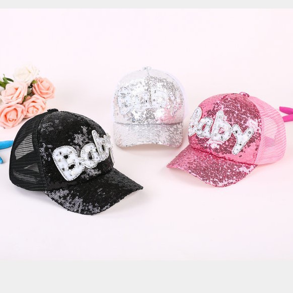 Mũ lưỡi trai chống nắng phối lưới sequin thời trang mùa hè Hàn Quốc cho bé gái 3-8 tuổi