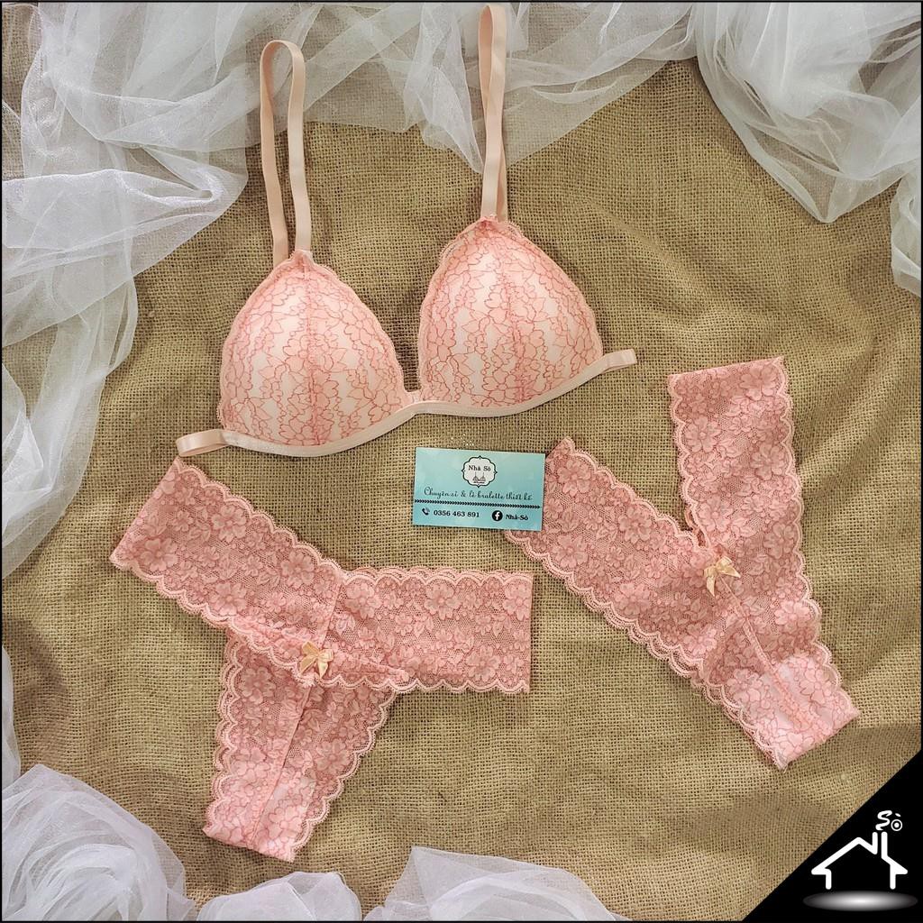 Bộ đồ lót sexy by Nhà Sò ren hoa mai hồng cam quần Y và T NS108
