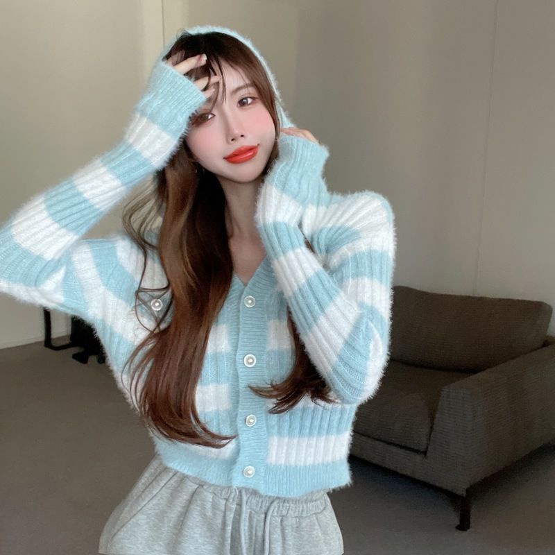 Áo Khoác Cardigan Dệt Kim Tay Dài Có Mũ Trùm Đầu Hoạ Tiết Kẻ Sọc Phong Cách Hàn Quốc Mới