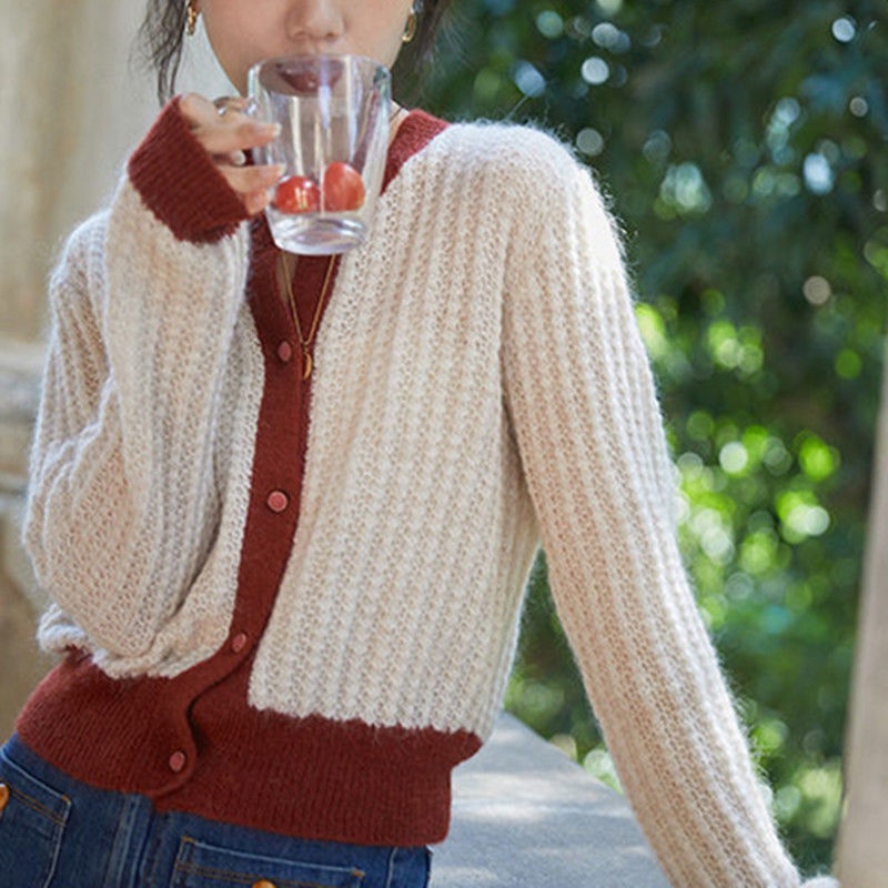 Áo khoác cardigan dệt kim phối màu tương phản dễ thương thời trang cho nữ