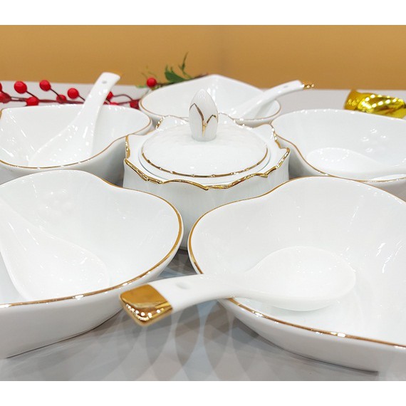 SET KHAY BÁT SỨ ĂN CHÈ ĐẸP BÁT ĐĨA ĐỰNG SÚP MÓN TRÁNG MIỆNG VIỀN VÀNG