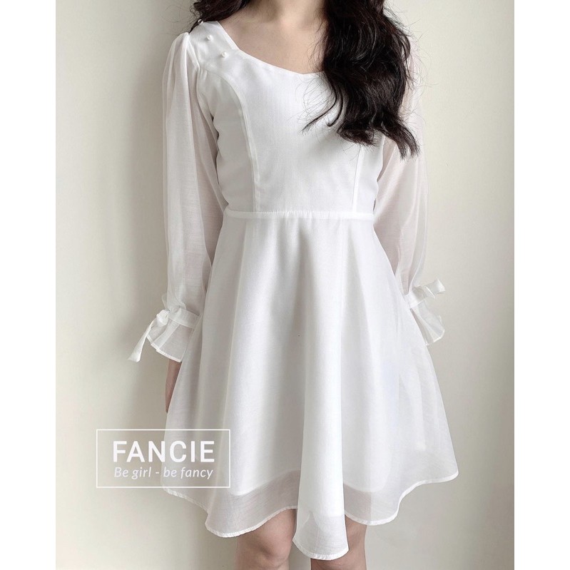 [có video][vải xịn loại 1] Đầm nữ trắng chụp kỷ yếu dáng xòe cổ vuông dự tiệc rất đẹp phối nút bọc tay nơ [6 TƠ KIẾNG] | BigBuy360 - bigbuy360.vn