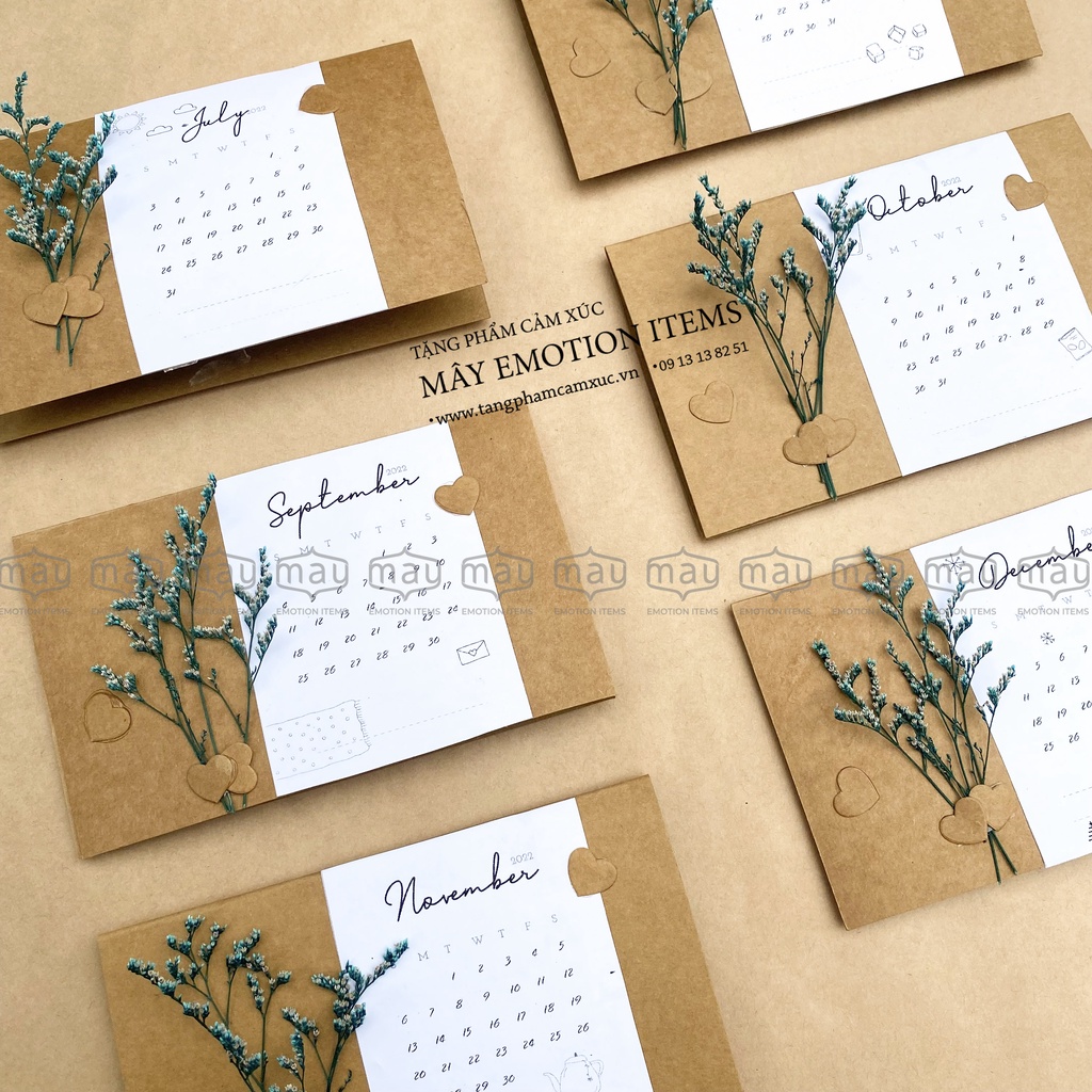 thiệp hoa khô in lịch kraft, handmade, thiệp note ngày đặc biệt, hoa baby màu ngẫu nhiên