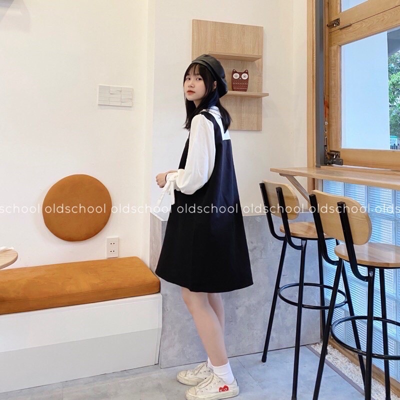 Váy yếm nữ cổ sen sơ mi trắng dài tay thân yếm đen, Váy nữ đi chơi babydoll điệu đà nơ tay bánh bèo  (TTA112)